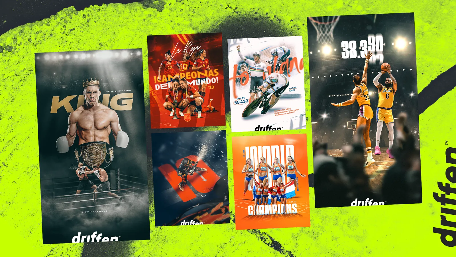 Visuals for kickboxing, football, track cycling, athletics and basketball